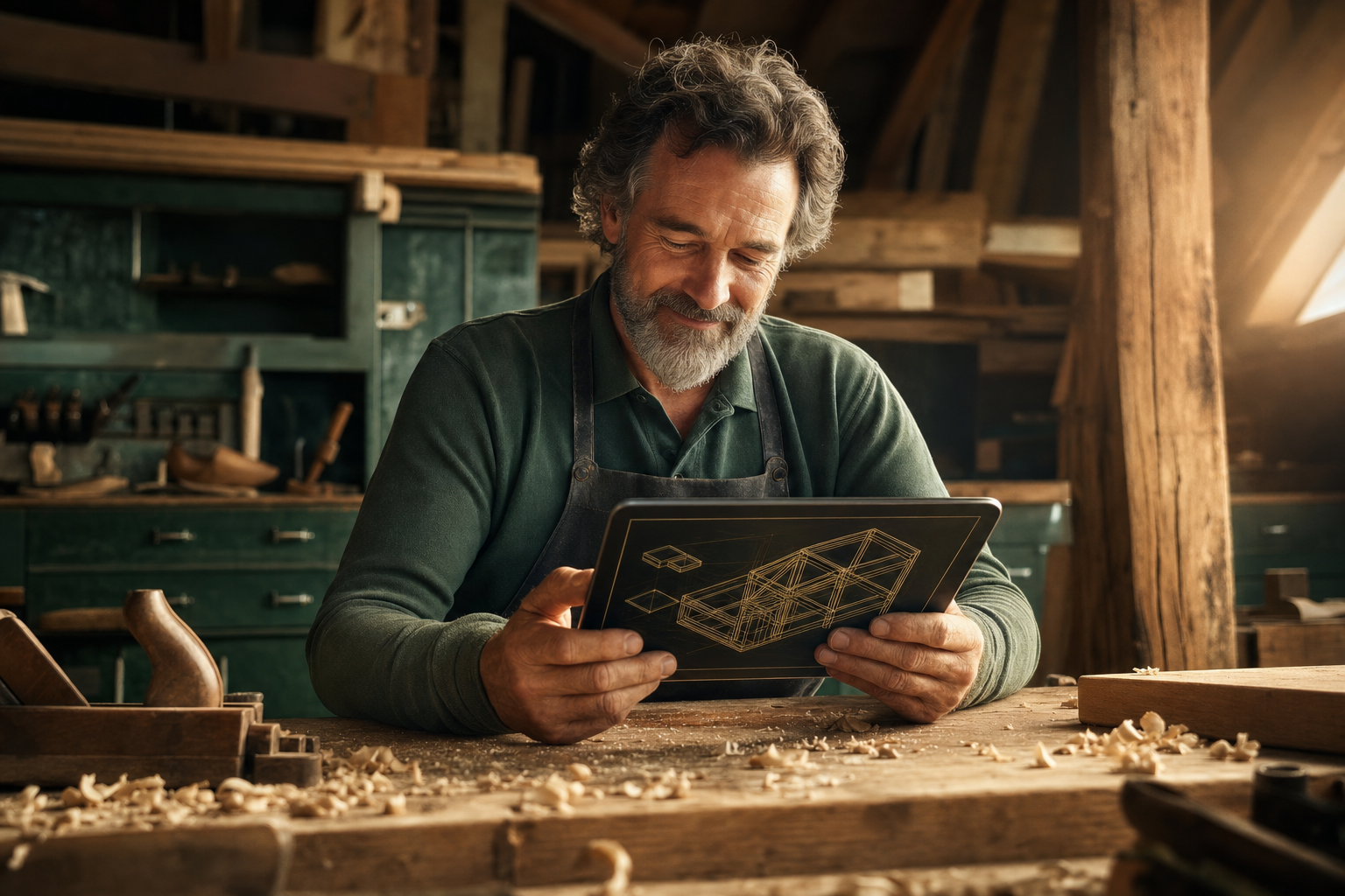 Handwerker hält ein Tablet in einer Holzwerkstatt